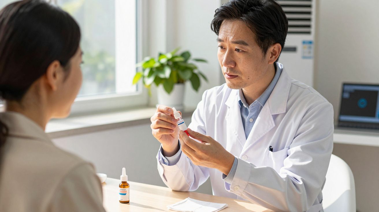 Médico explicando uso de remédio para paciente em consultório iluminado com luz natural.