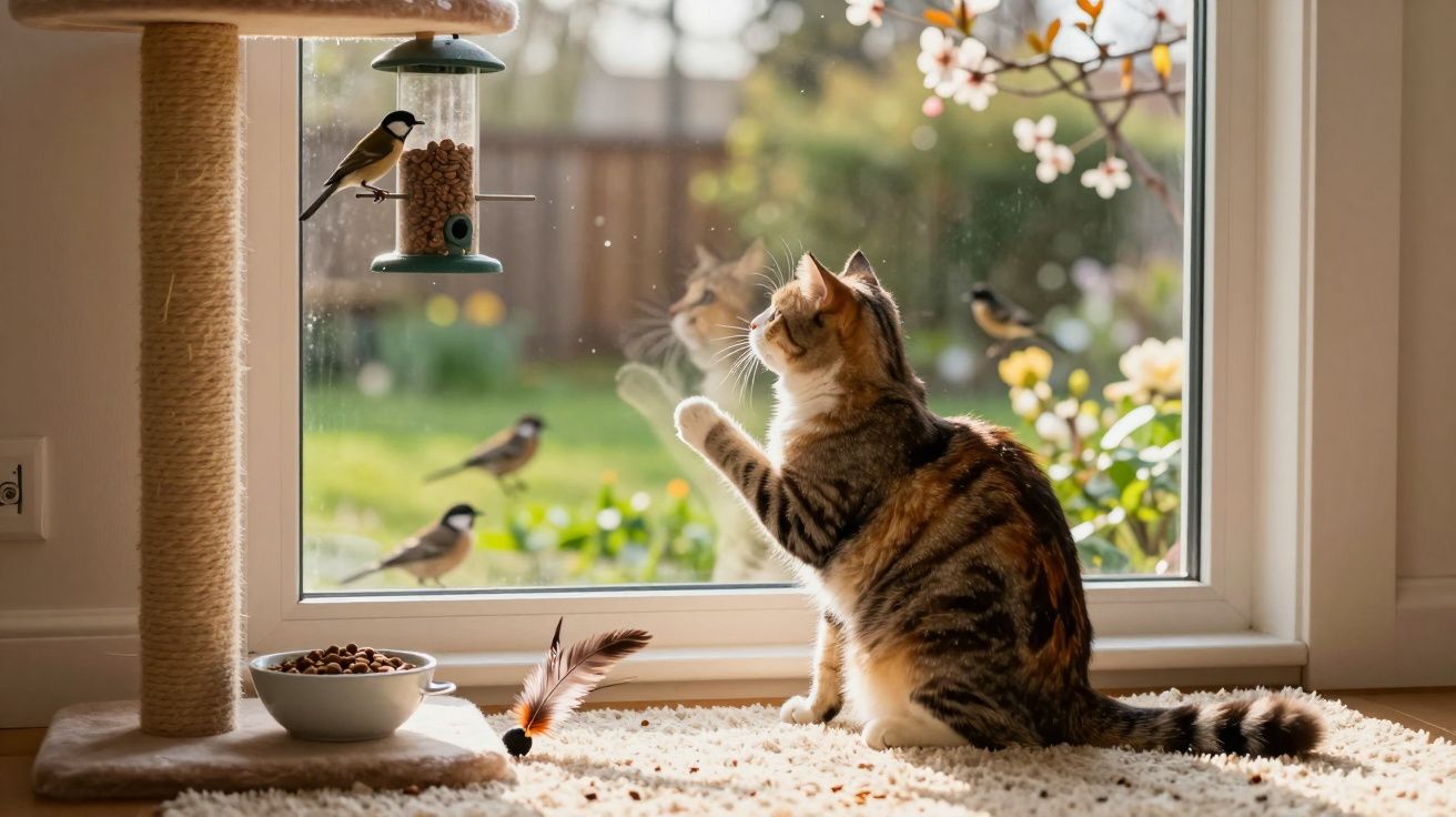Gato sentado no tapete ao lado da janela observa pássaros se alimentando em comedouro pendurado.