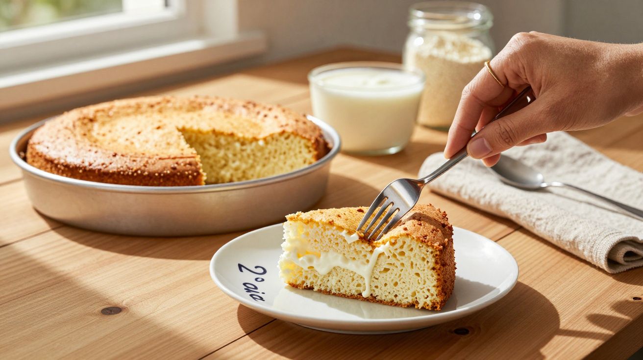 Bolo caseiro com recheio de creme branco, fatia no prato e garfo segurado por mão feminina.