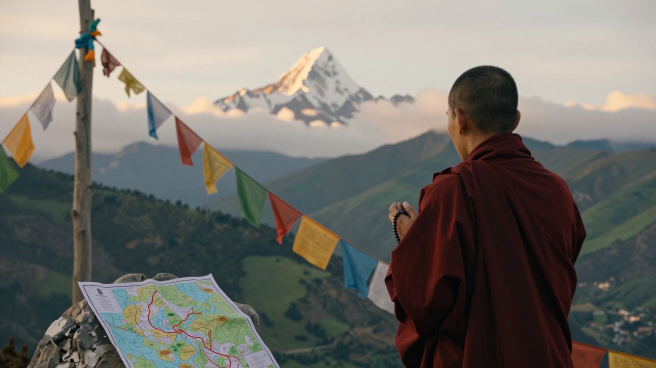 Monge com roupa vermelha segura rosário e observa montanha nevada com bandeiras coloridas e mapa à frente.