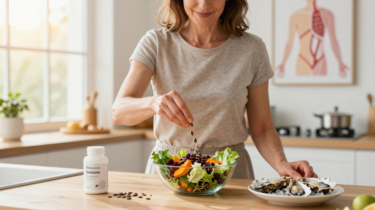Mulher adicionando suplementos a uma salada em cozinha clara com prato de ostras ao lado.