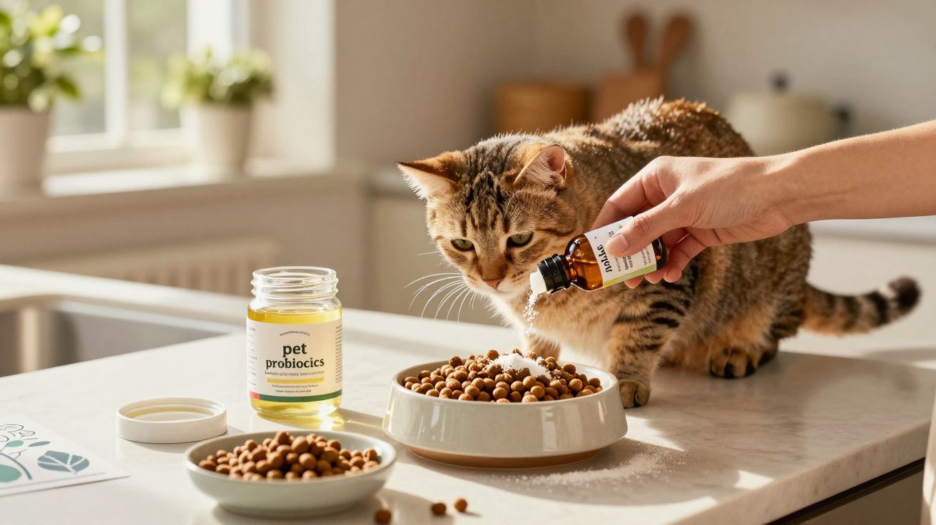 Gato observando comida enquanto mão adiciona suplemento em pó em tigela sobre bancada de cozinha clara.