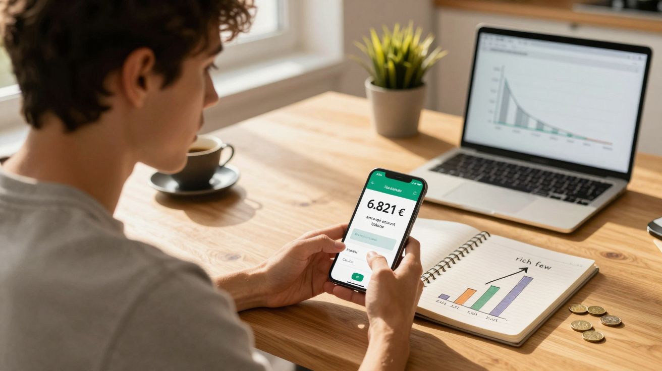 Pessoa usando celular para checar saldo financeiro, com notebook, caderno e moedas na mesa de madeira.