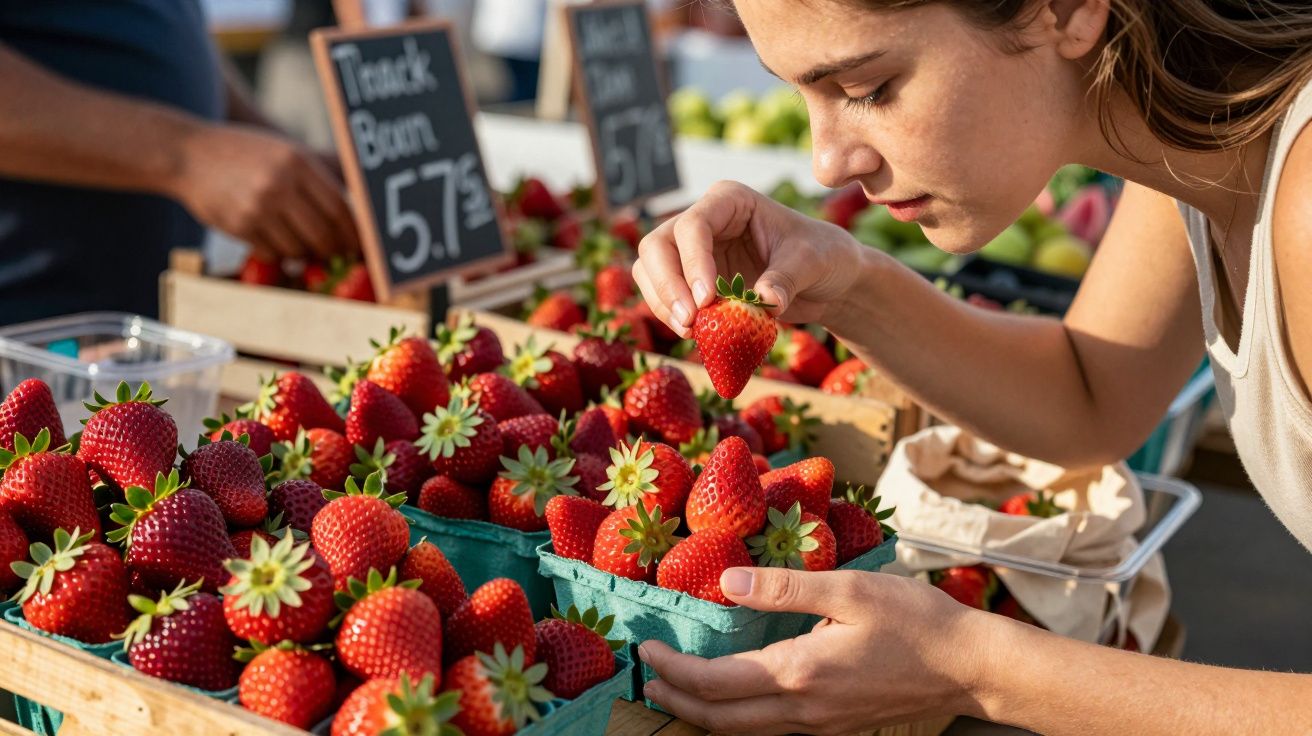 Mulher escolhe morango fresco em barraca de feira com várias caixas cheias de morangos vermelhos.