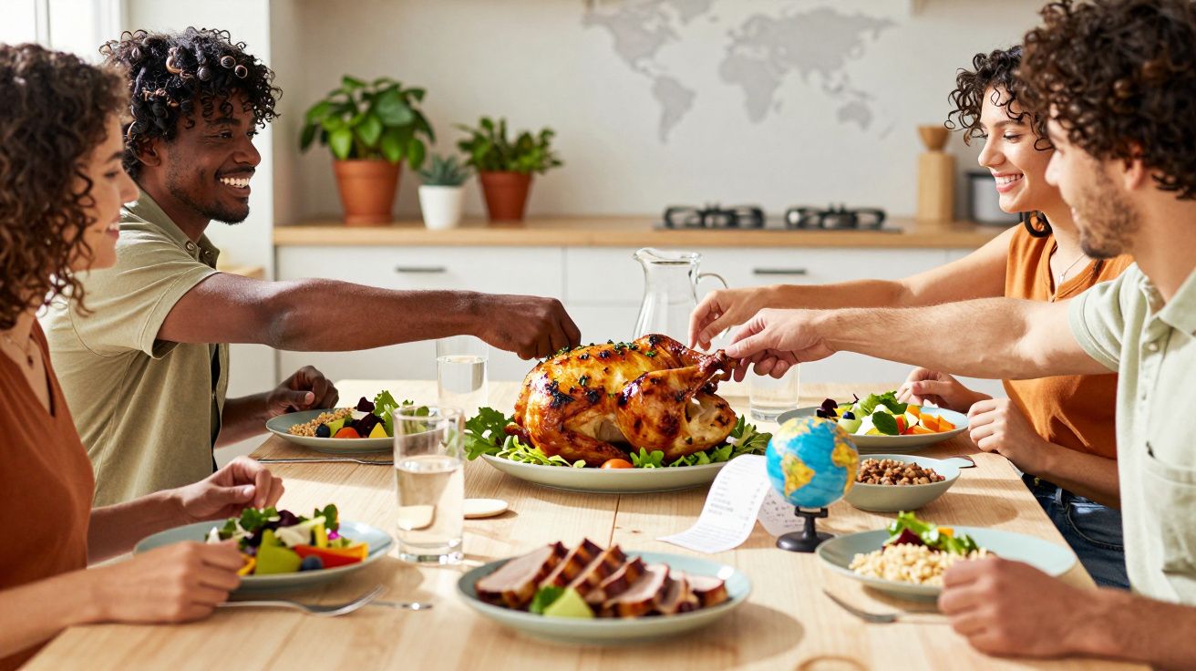 Quatro pessoas comendo juntas, pegando peru assado em uma mesa com pratos e saladas variadas.