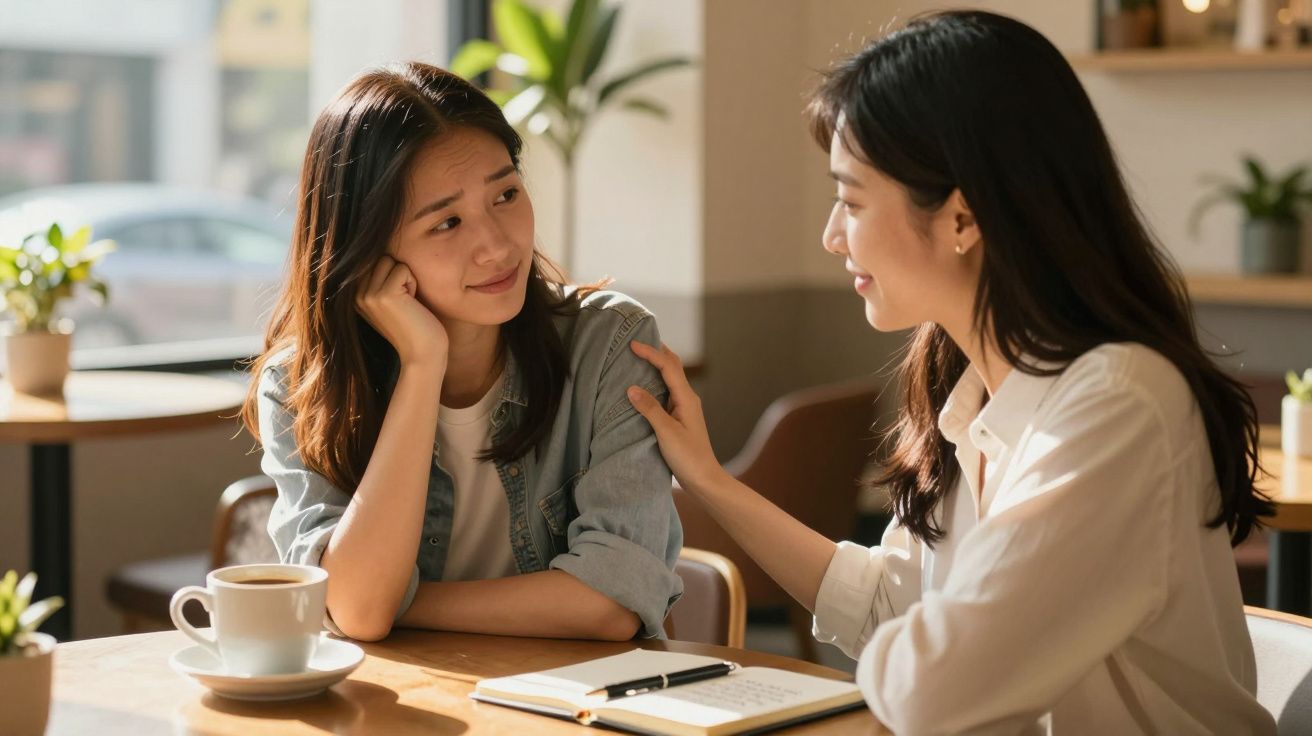 Duas mulheres conversando em cafeteria, uma confortando a outra que parece preocupada.