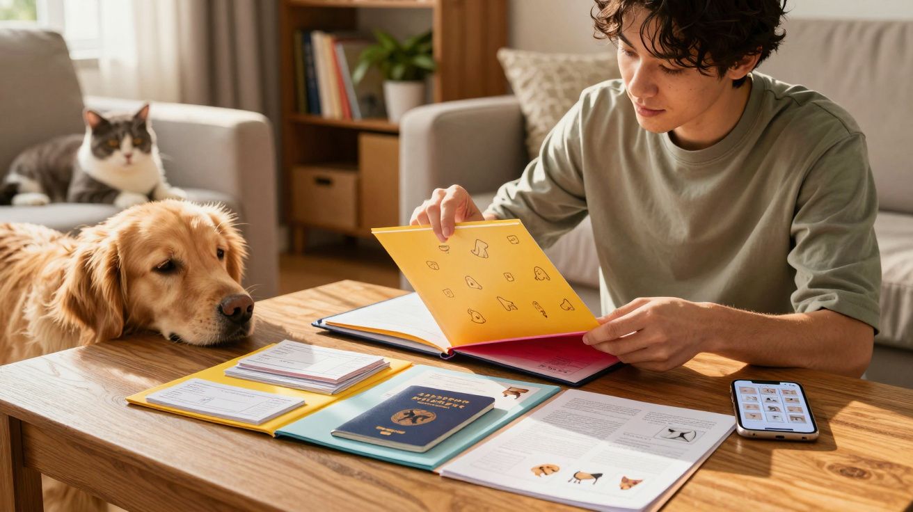 Jovem lendo guia sobre cães em mesa com smartphone, passaporte canino, cachorro e gato ao fundo.