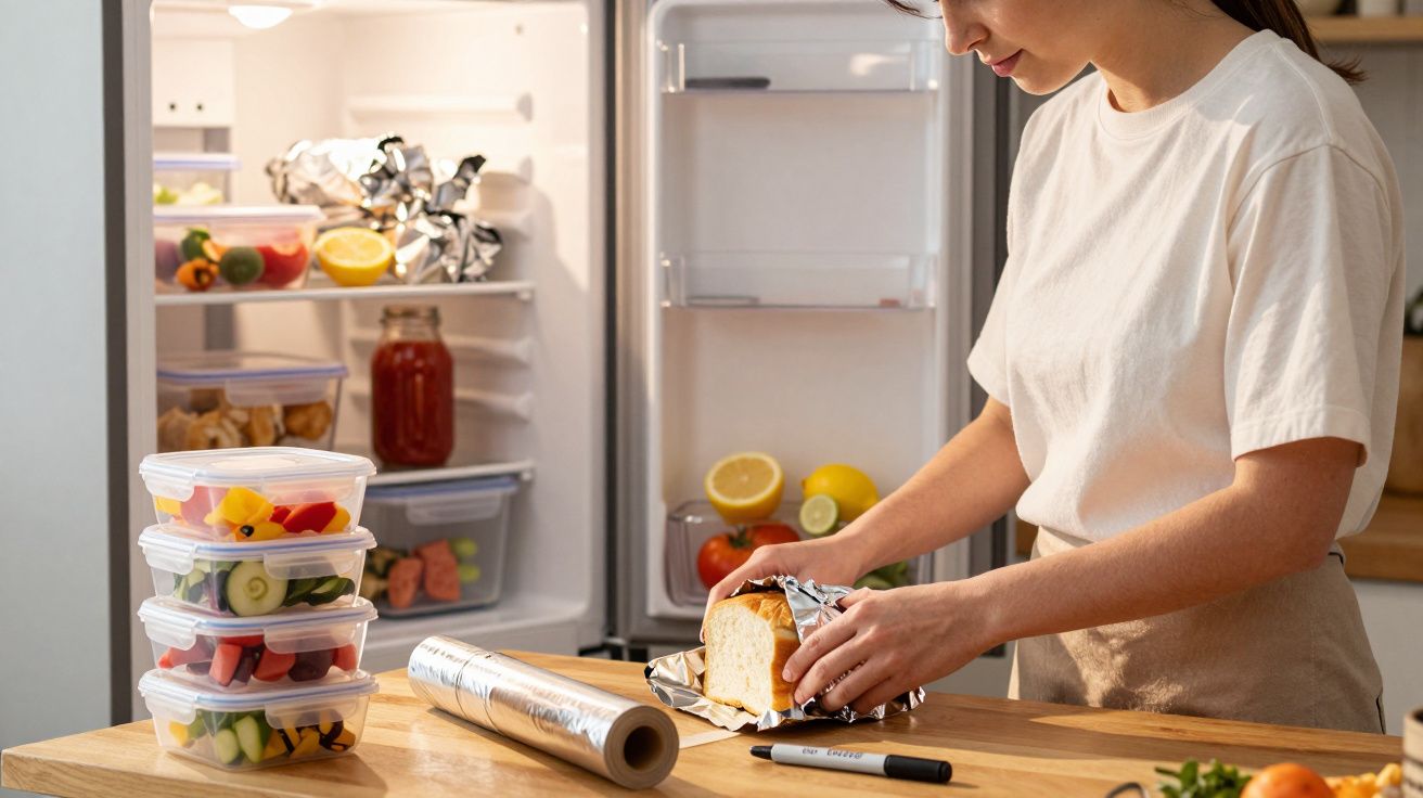 Pessoa embrulhando pão com papel alumínio na cozinha, ao lado de potes com frutas e geladeira aberta.