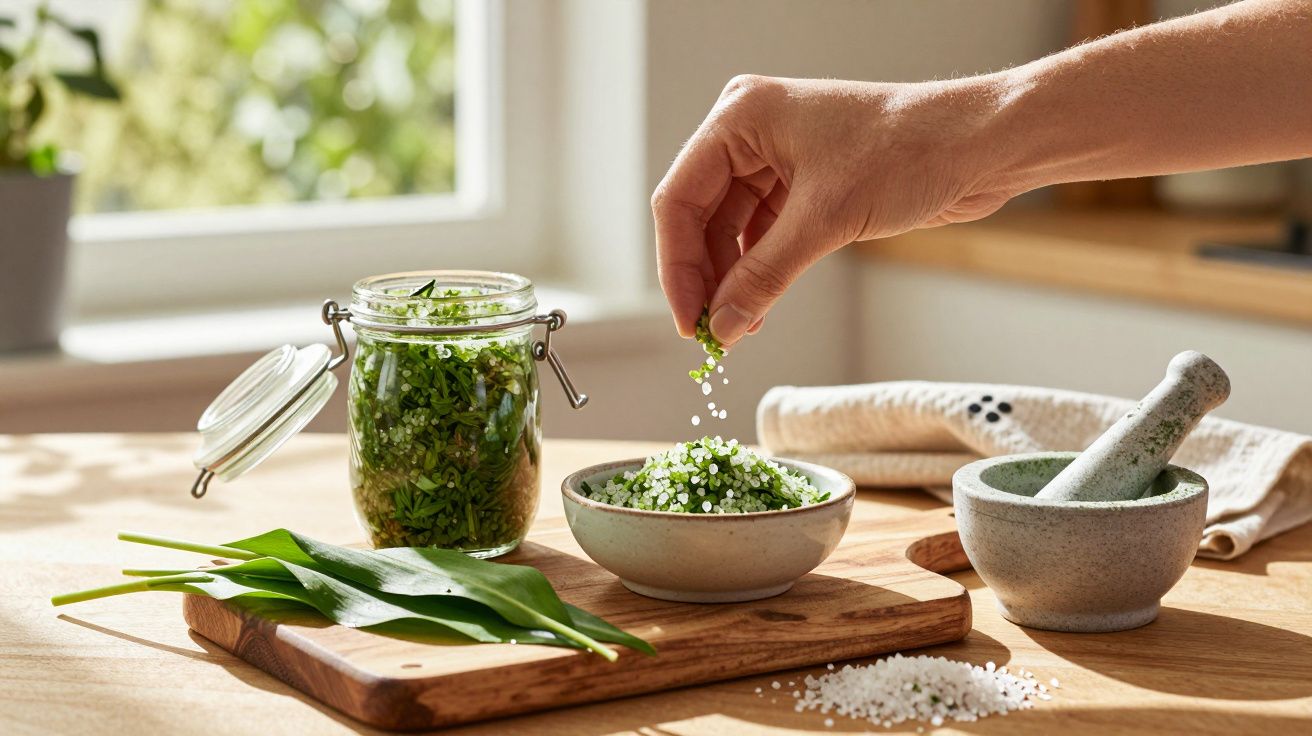Mão adiciona sal grosso a ervas frescas em pote e tigela, com pilão e folhas em bancada iluminada.