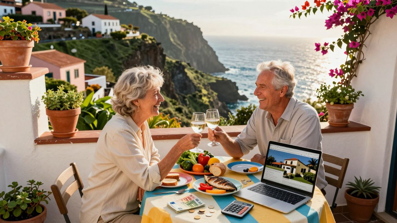 Casal idoso brindando com vinho branco em varanda com vista para costão rochoso e mar ao fundo.
