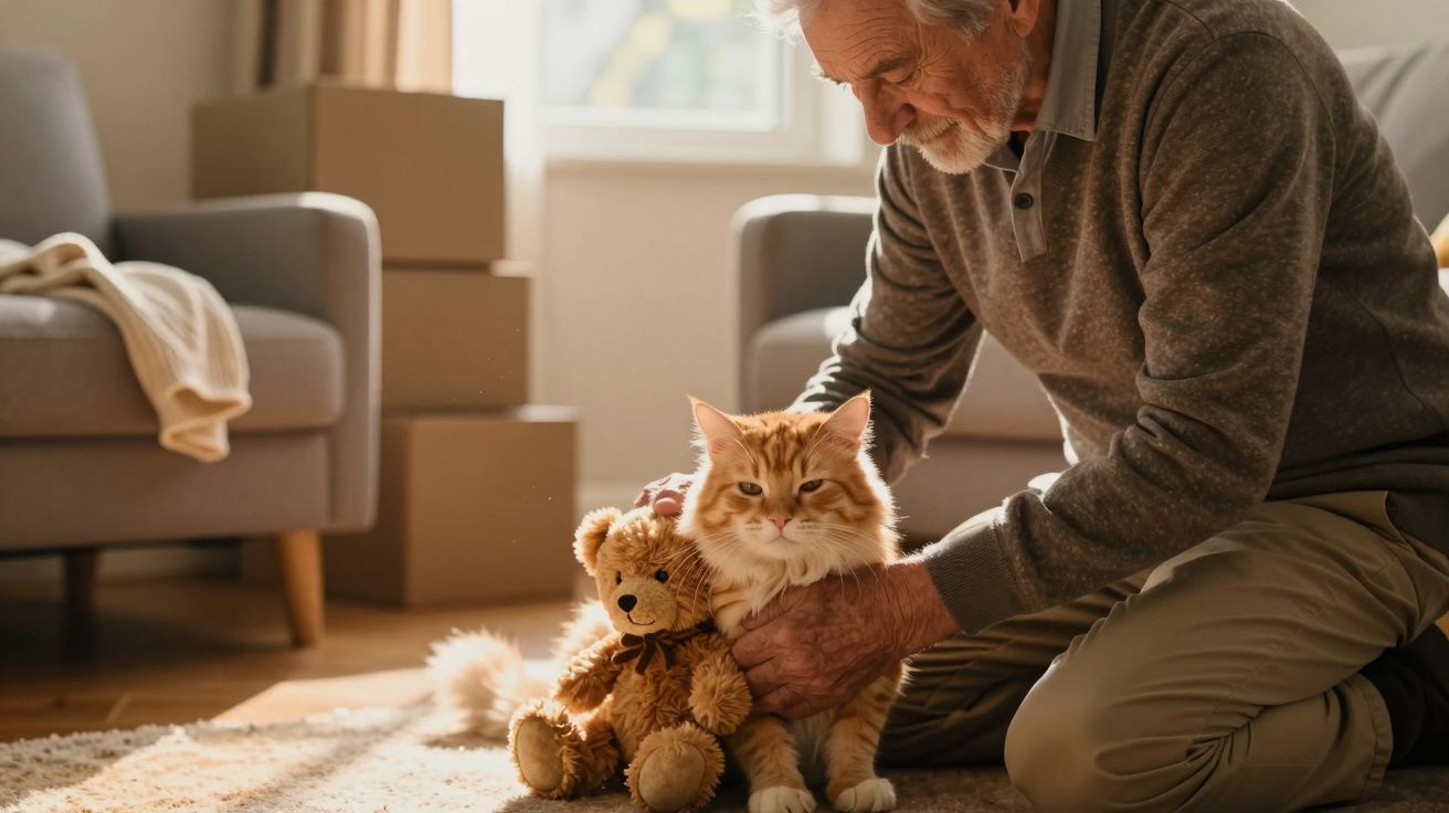 Idoso agachado acaricia gato laranja ao lado de ursinho de pelúcia em sala com caixas e sofá.