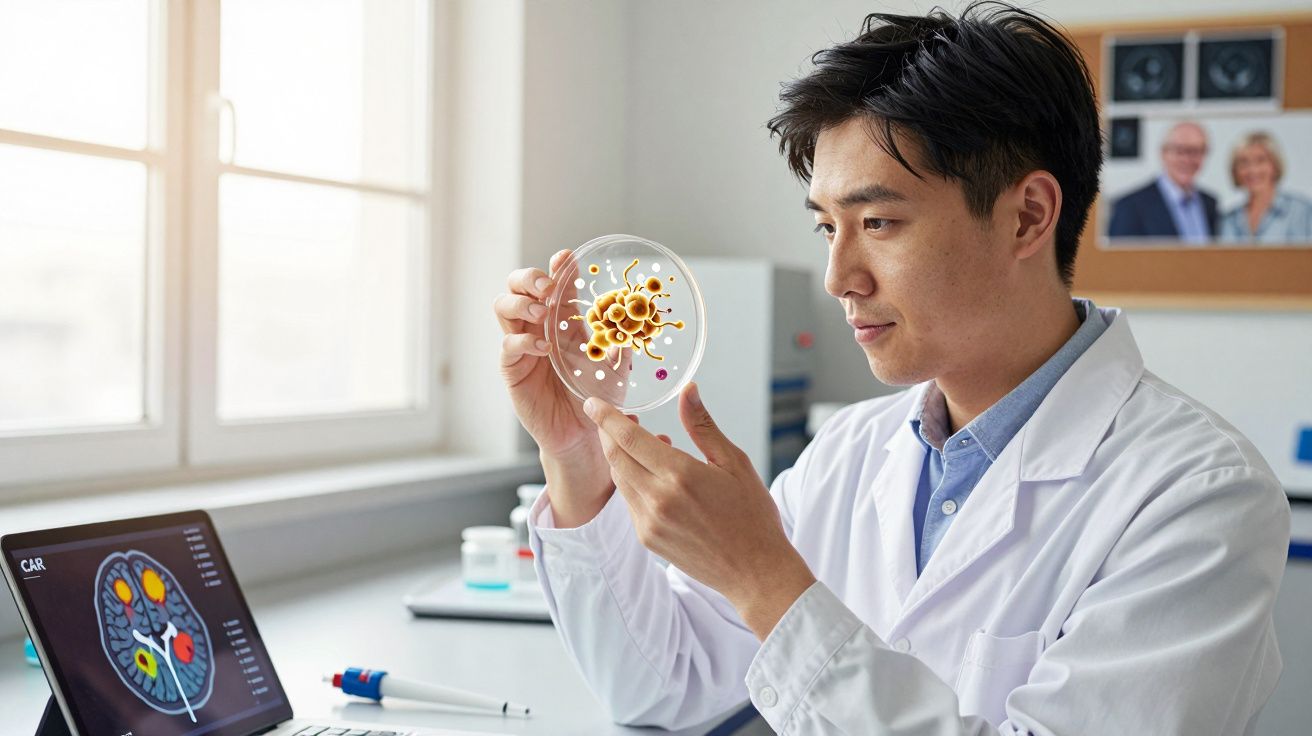 Cientista em laboratório analisando cultura de bactérias em placa de Petri iluminada pela luz natural.