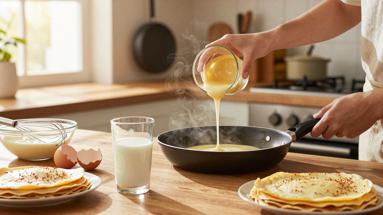 Pessoa despejando massa de panqueca na frigideira em cozinha ensolarada com dois pratos e copo de leite.