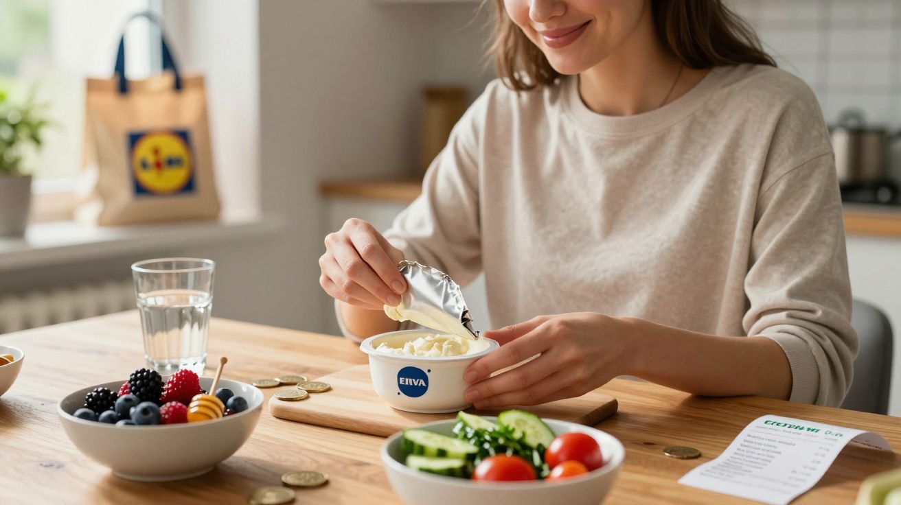 Mulher abrindo pote de queijo cremoso ELVA em mesa com frutas, salada e copo d'água.