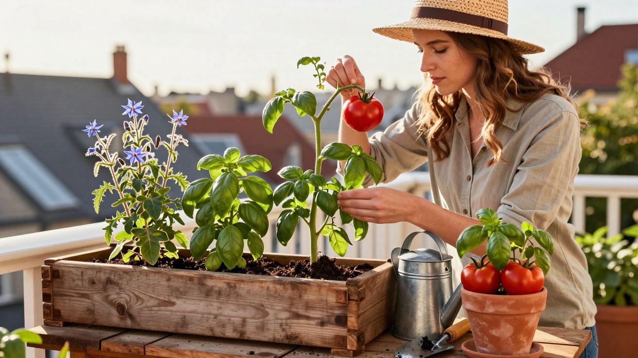 Mulher colhendo tomate em vaso com plantas e regador em varanda ensolarada de apartamento.