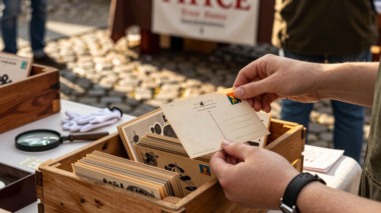 Pessoa segurando cartão postal vintage em caixa de madeira em mercado ao ar livre.