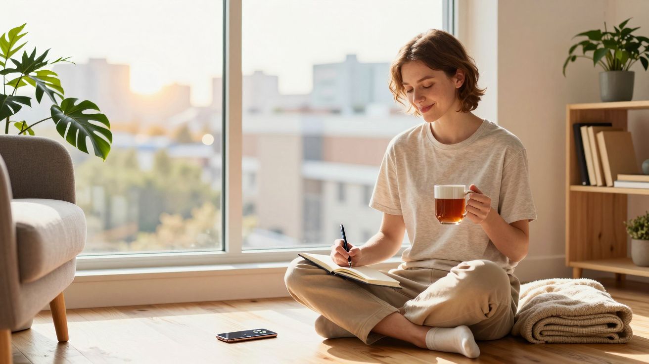 Mulher sentada no chão perto da janela, escrevendo num caderno e segurando uma xícara de chá.
