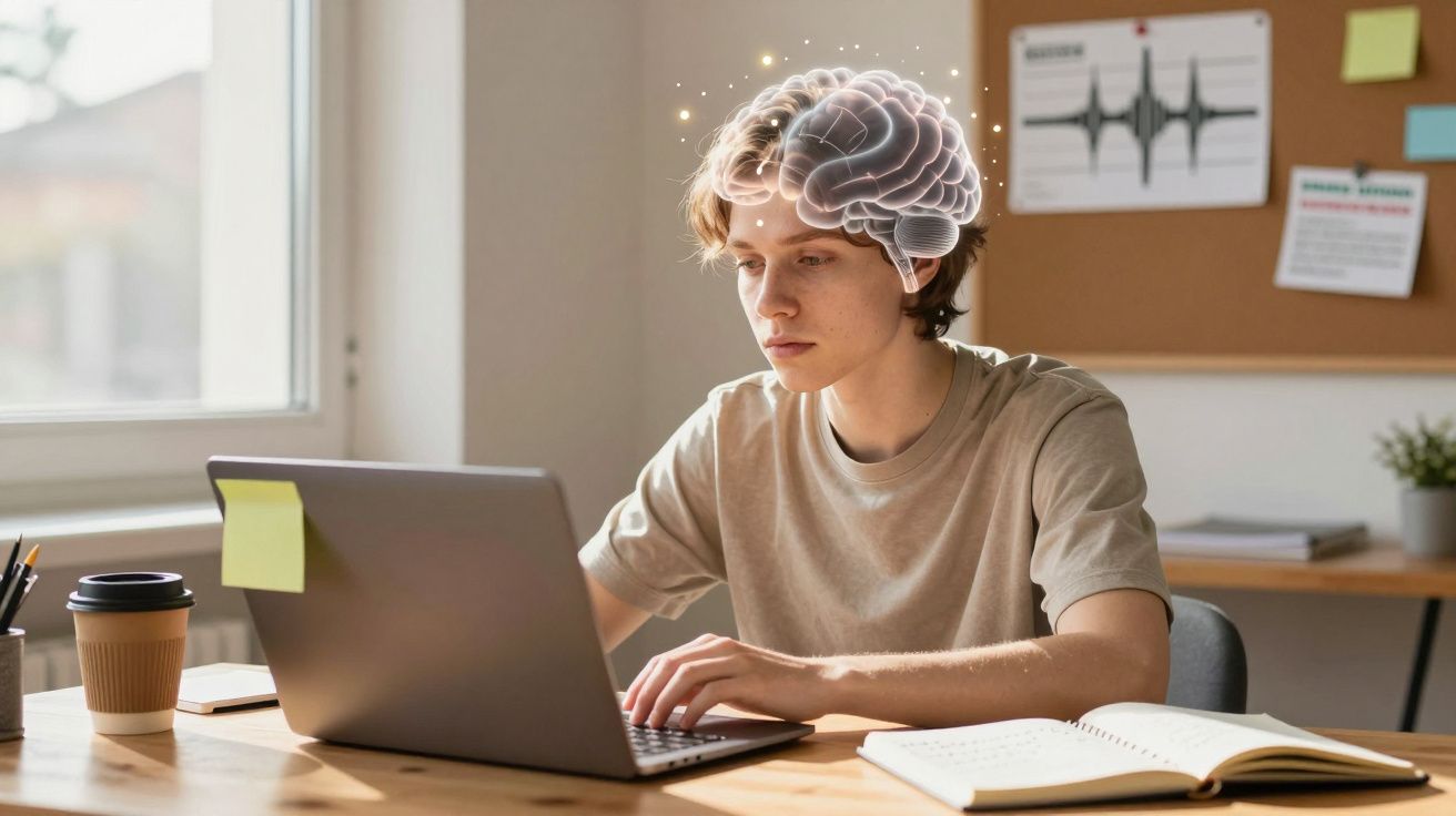 Jovem concentrado estudando no notebook, com ilustração digital de cérebro sobre a cabeça.