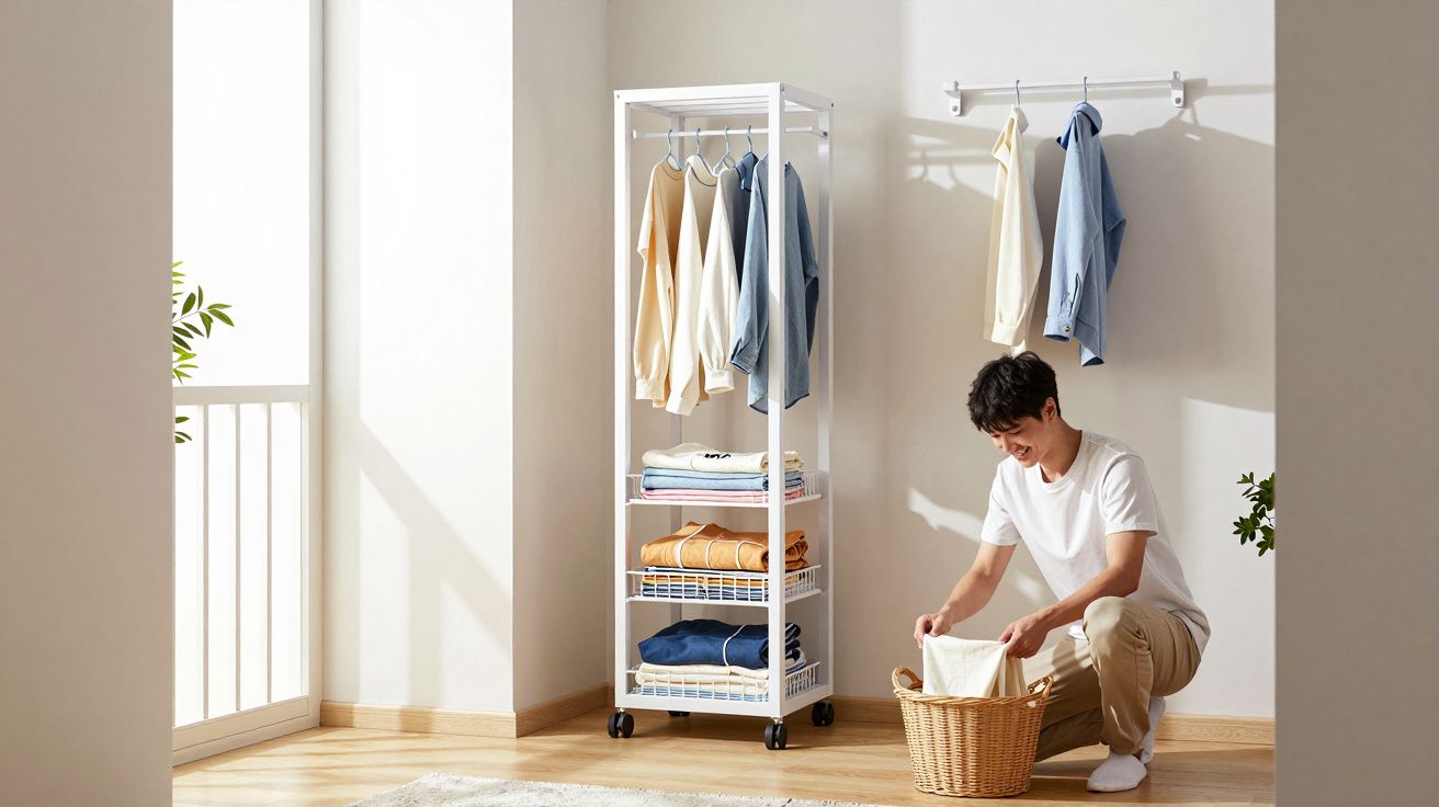 Jovem organizando roupas em cesto em ambiente claro com araras e prateleiras brancas.