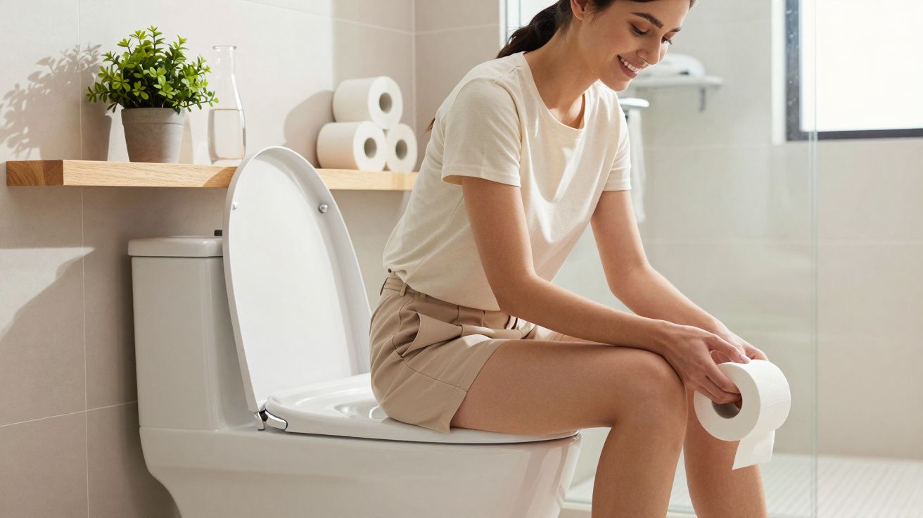 Mulher sorrindo sentada no vaso sanitário segurando papel higiênico em banheiro moderno e iluminado.