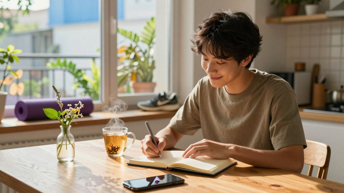 Jovem escrevendo em caderno à mesa com xícara de chá e celular em ambiente iluminado e plantas.