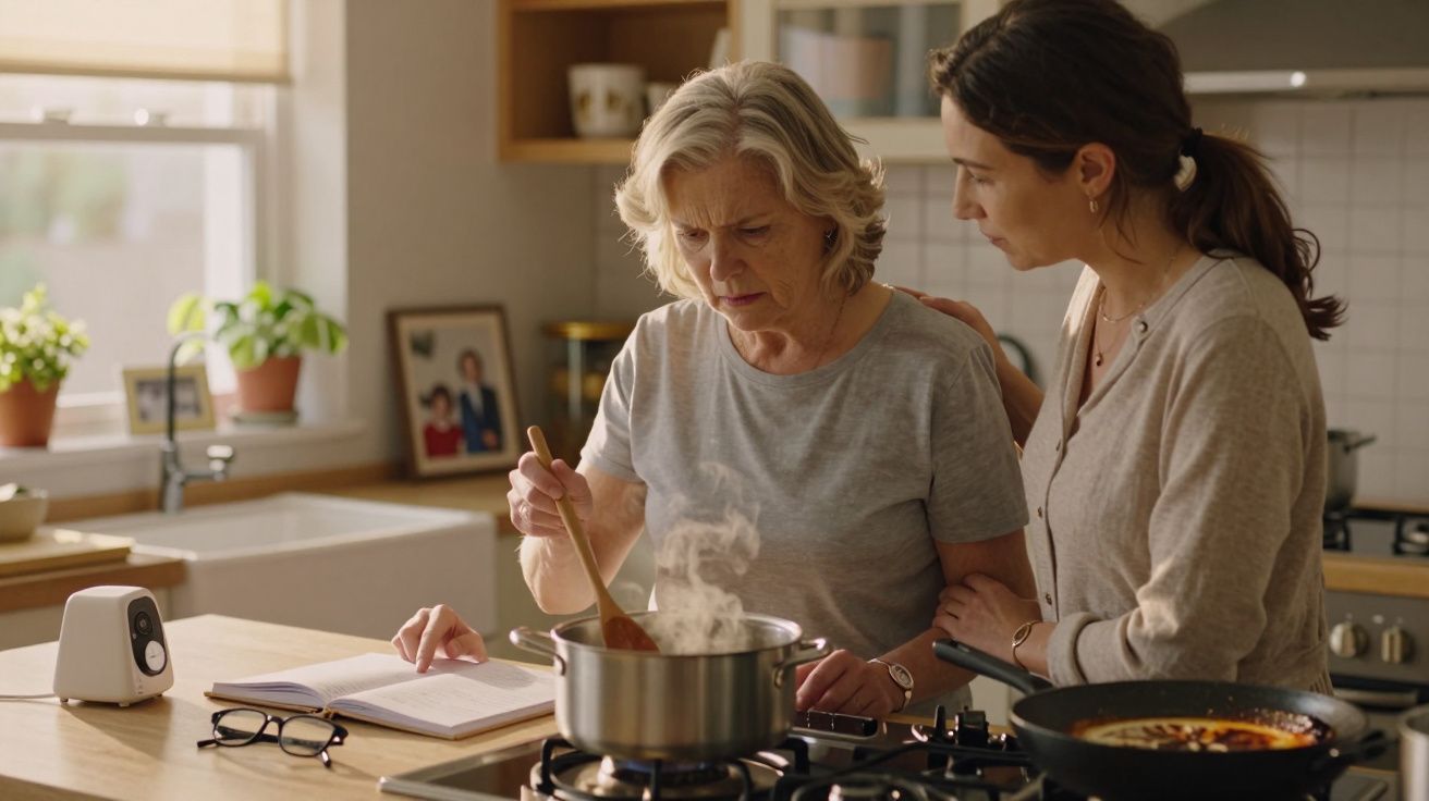 Mulher idosa e adulta cozinhando juntas na cozinha, com expressão de preocupação.