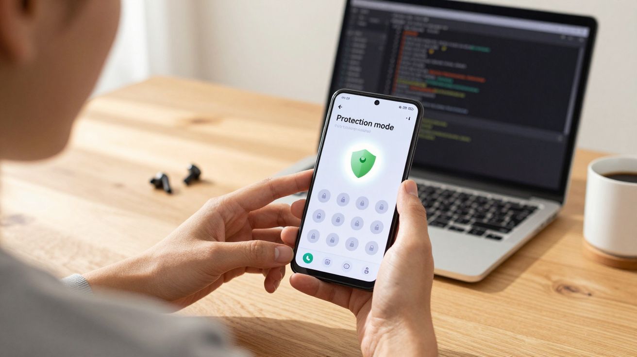 Pessoa segurando smartphone com tela mostrando modo de proteção, laptop e café ao fundo sobre mesa de madeira.