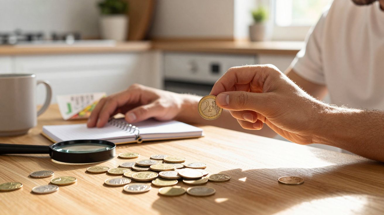 Pessoa contando moedas e anotando em caderno em uma mesa de madeira iluminada pela luz natural