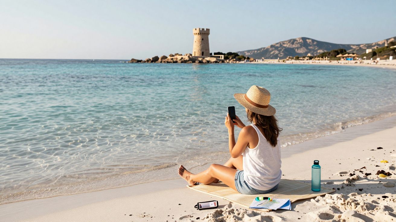Mulher de chapéu sentada na praia usando celular com torre histórica e mar ao fundo.