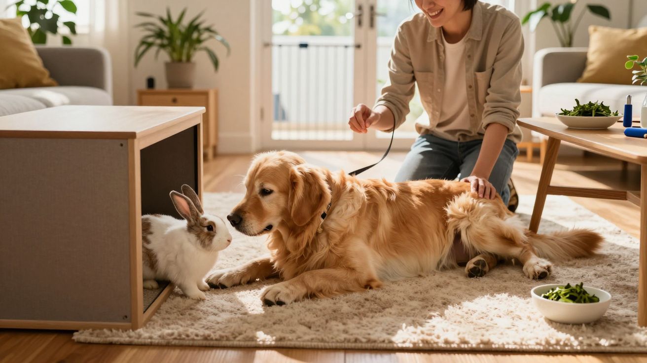 Pessoa acariciando cachorro golden retriever que fica deitado em tapete próximo a coelho branco dentro de casinha no chão