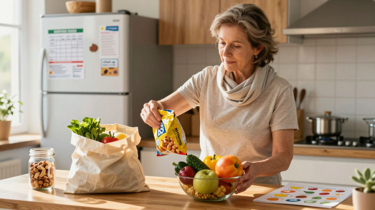 Mulher idosa organizando frutas e legumes em tigela na cozinha iluminada durante o dia.