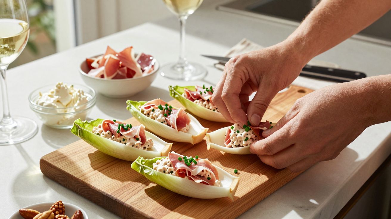Mãos preparando canapés com folhas de alface recheadas com creme, presunto e cebolinha sobre tábua de madeira.