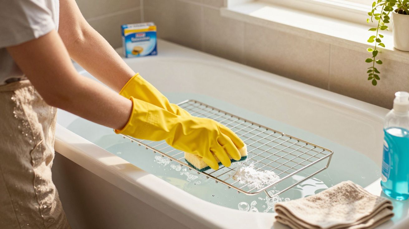 Pessoa com luvas amarelas lavando grade metálica em banheira cheia de água e sabão.