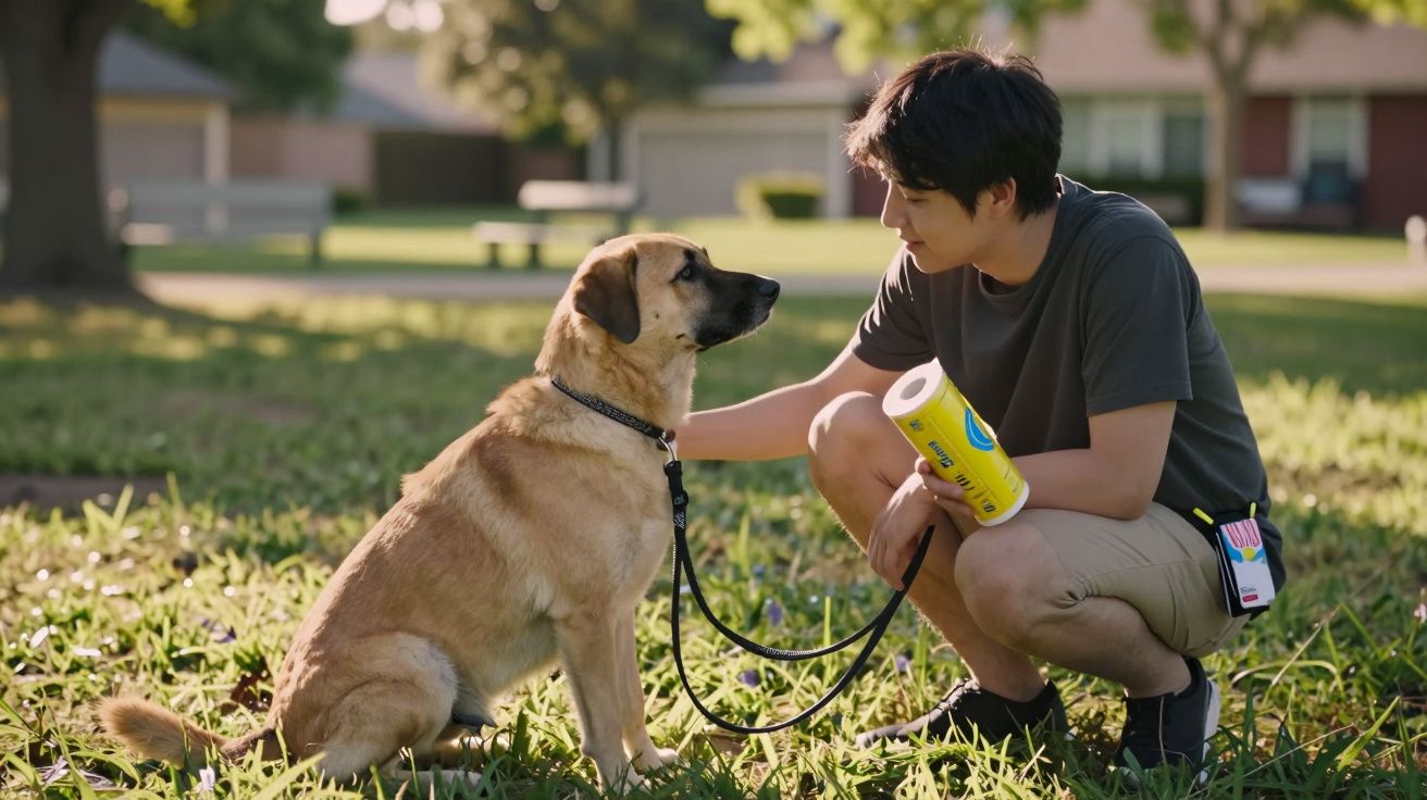 Homem agachado com rolo de sacos para lixo, acariciando cachorro sentado na grama ao ar livre.