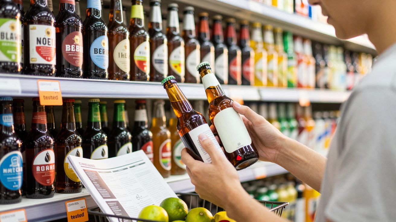 Pessoa segurando duas garrafas de cerveja para comparar na prateleira do supermercado.