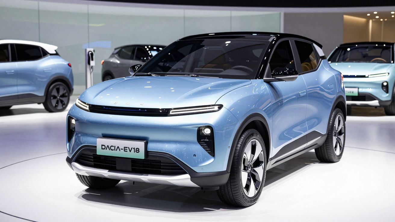 Carro elétrico azul Dacia EV18 em exposição, com design moderno e teto preto em showroom.