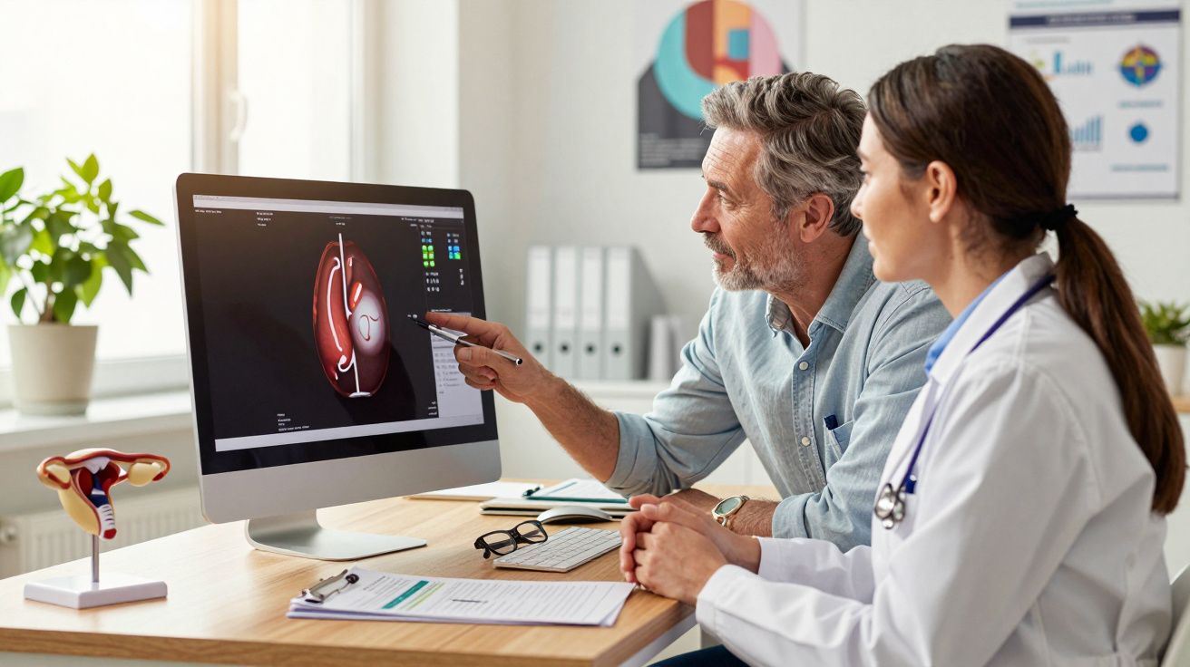Médico explicando imagem digital do útero para paciente do sexo masculino em consultório médico.