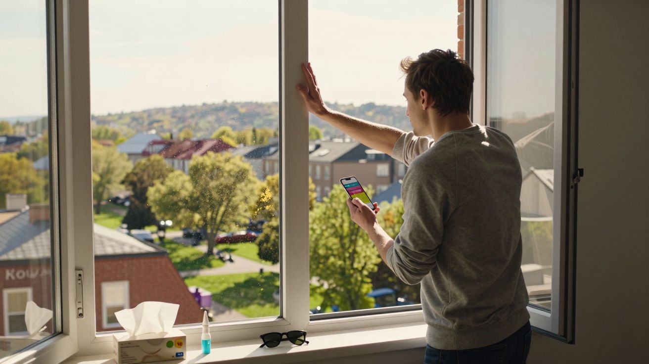 Homem de camiseta cinza olhando pela janela aberta enquanto segura um celular com aplicativos coloridos.