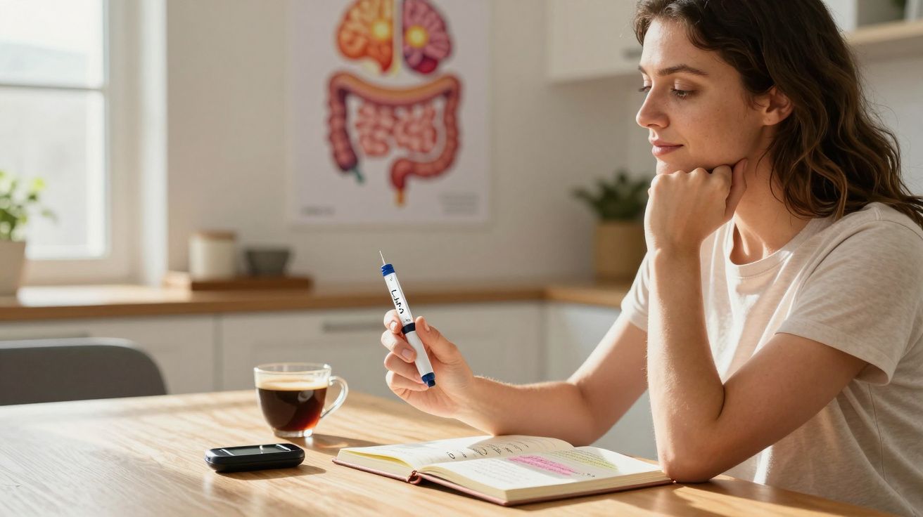 Mulher segurando caneta de insulina sentada à mesa com caderno aberto, café, monitor glicêmico e pôster digestivo ao fundo.