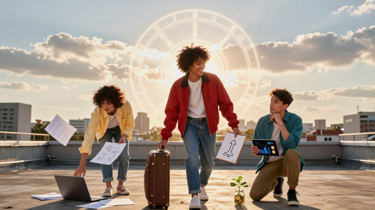 Três jovens em um terraço com papéis, laptop, mala, planta e gráficos, ao pôr do sol com céu e nuvens.