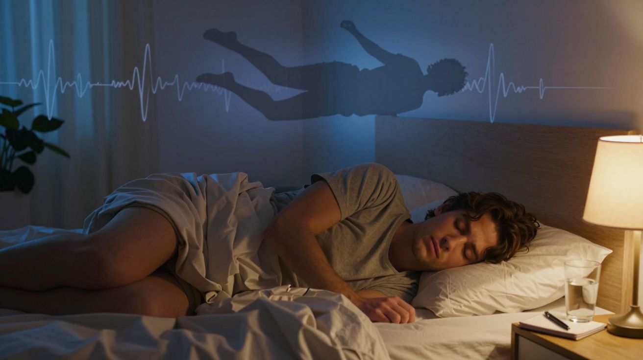 Homem dormindo de lado na cama com sombra flutuante e linha de batimentos cardíacos ao fundo.