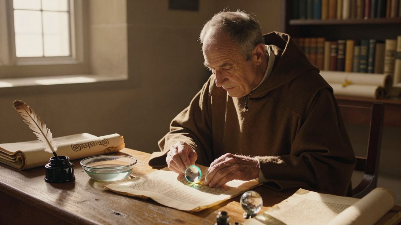 Homem idoso com hábito monástico estudando manuscrito antigo à luz natural em biblioteca antiga.
