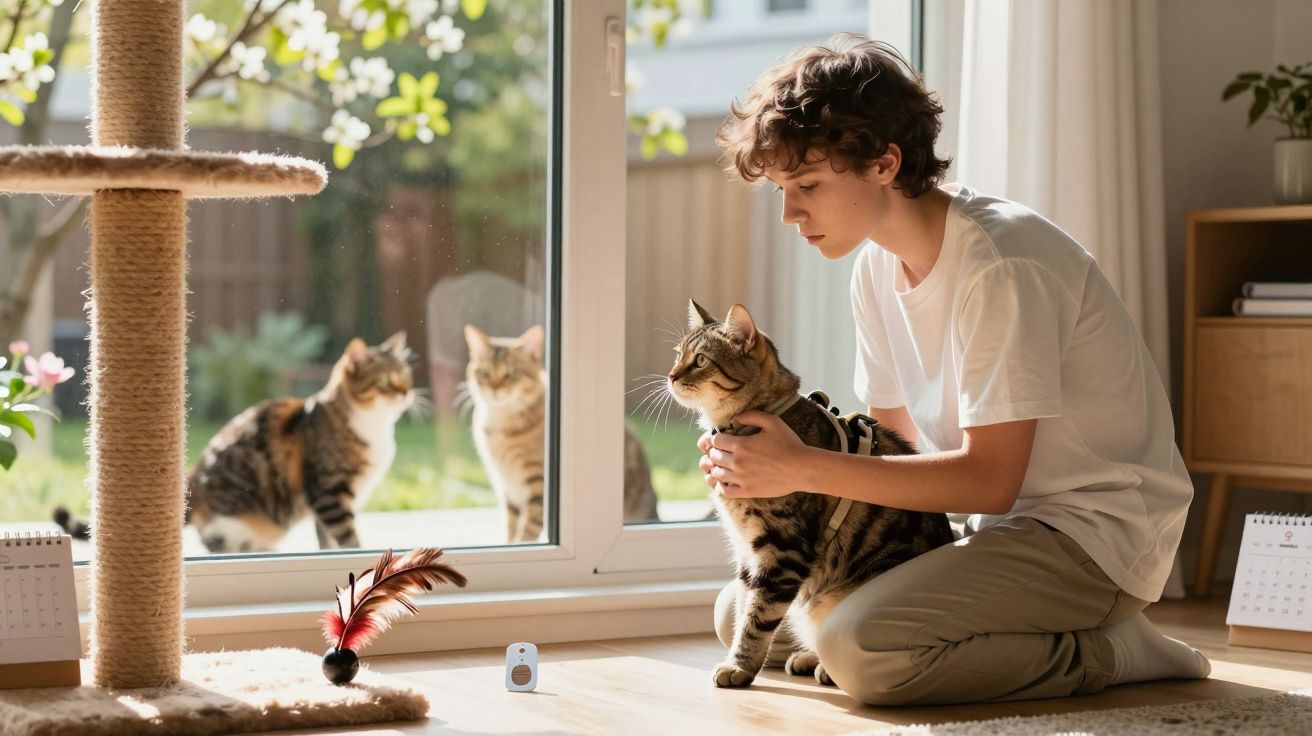 Garoto sentado no chão segurando um gato com outros gatos observando pela janela.