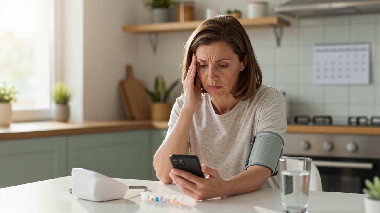 Mulher preocupada usando aparelho de pressão no braço consulta celular na cozinha com remédios na mesa.
