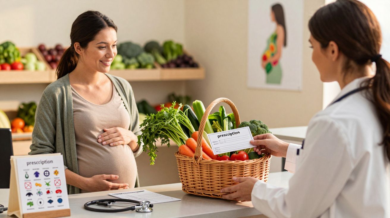 Gestante sorridente recebe cesta de vegetais frescos e prescrição alimentar de profissional de saúde.