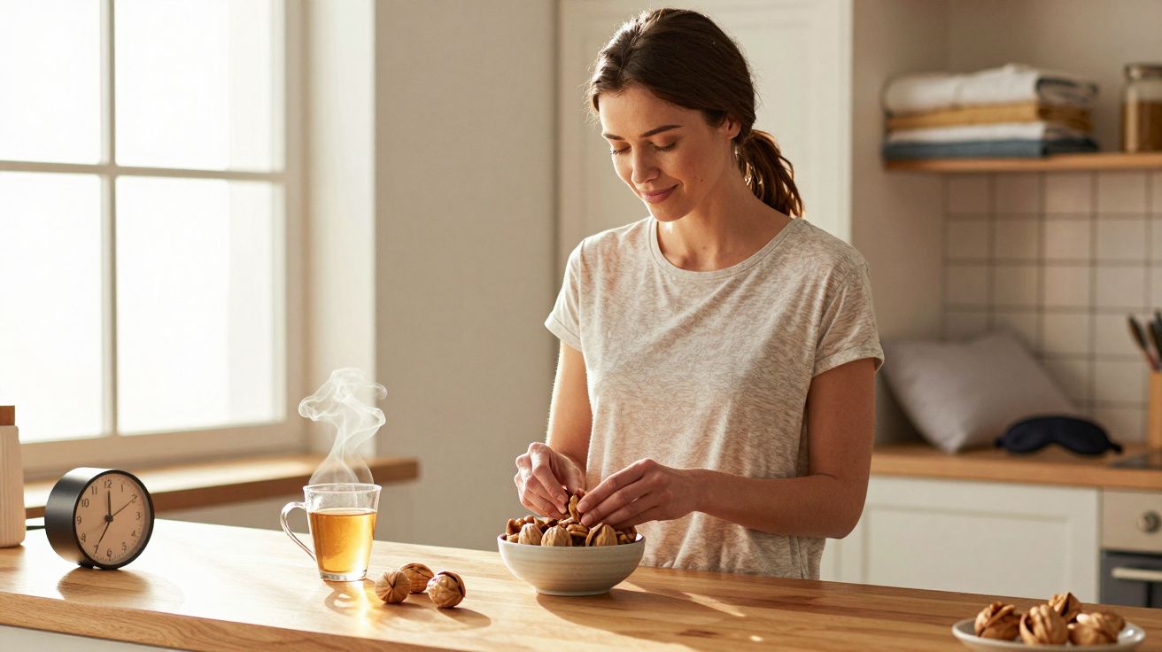 Mulher descascando nozes na cozinha com xícara de chá quente ao lado em ambiente iluminado pela manhã.