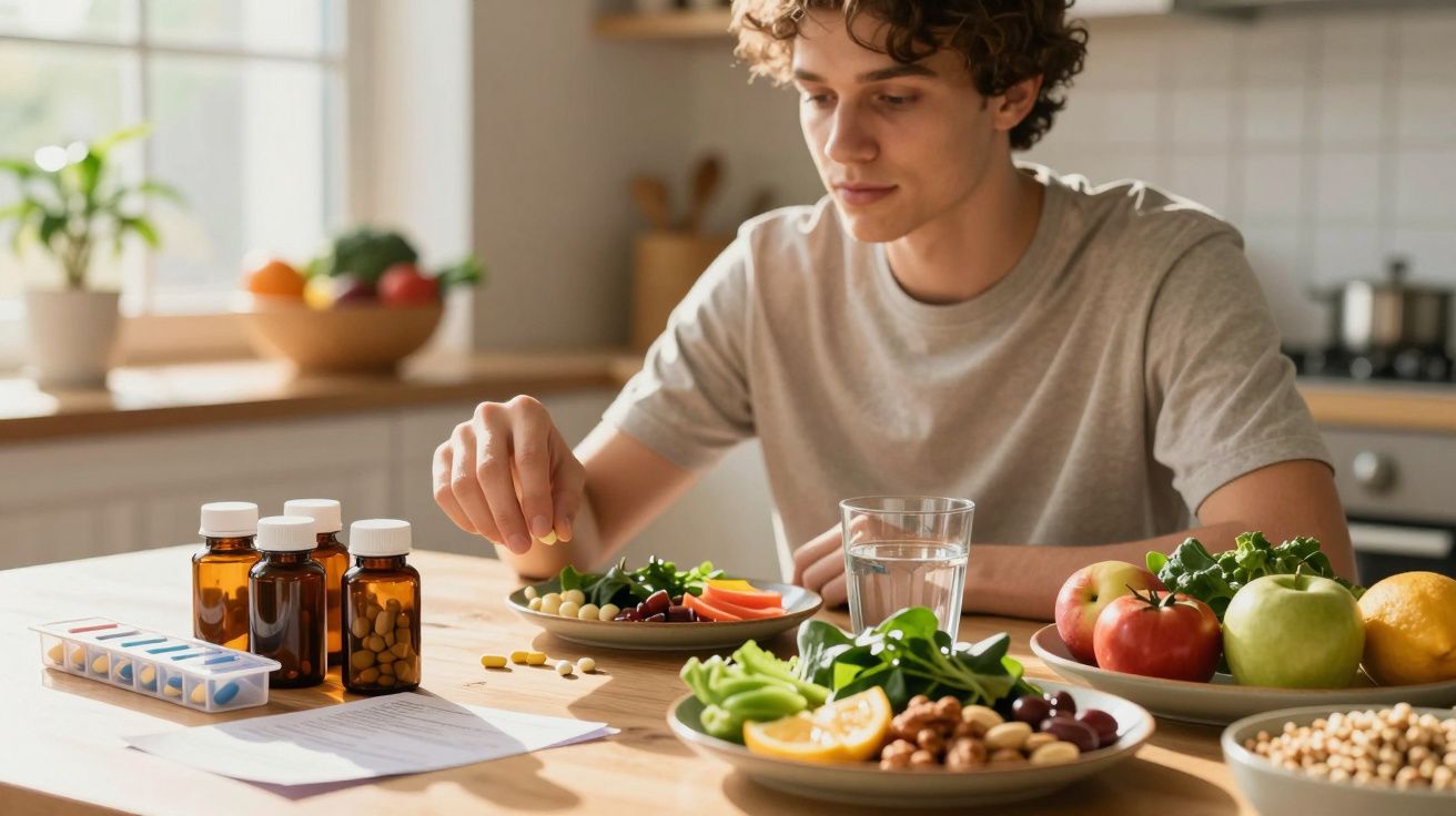 Jovem na cozinha tomando suplementos com alimentos saudáveis e copo d'água na mesa clara.