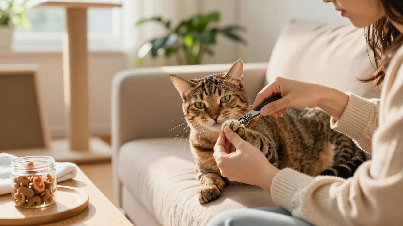 Pessoa aparando as unhas de um gato deitado em um sofá em ambiente iluminado.