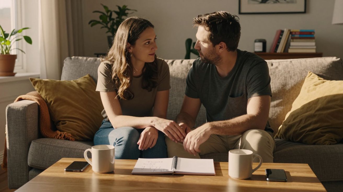 Casal sentado no sofá conversando, com caderno aberto e duas canecas na mesa à frente.