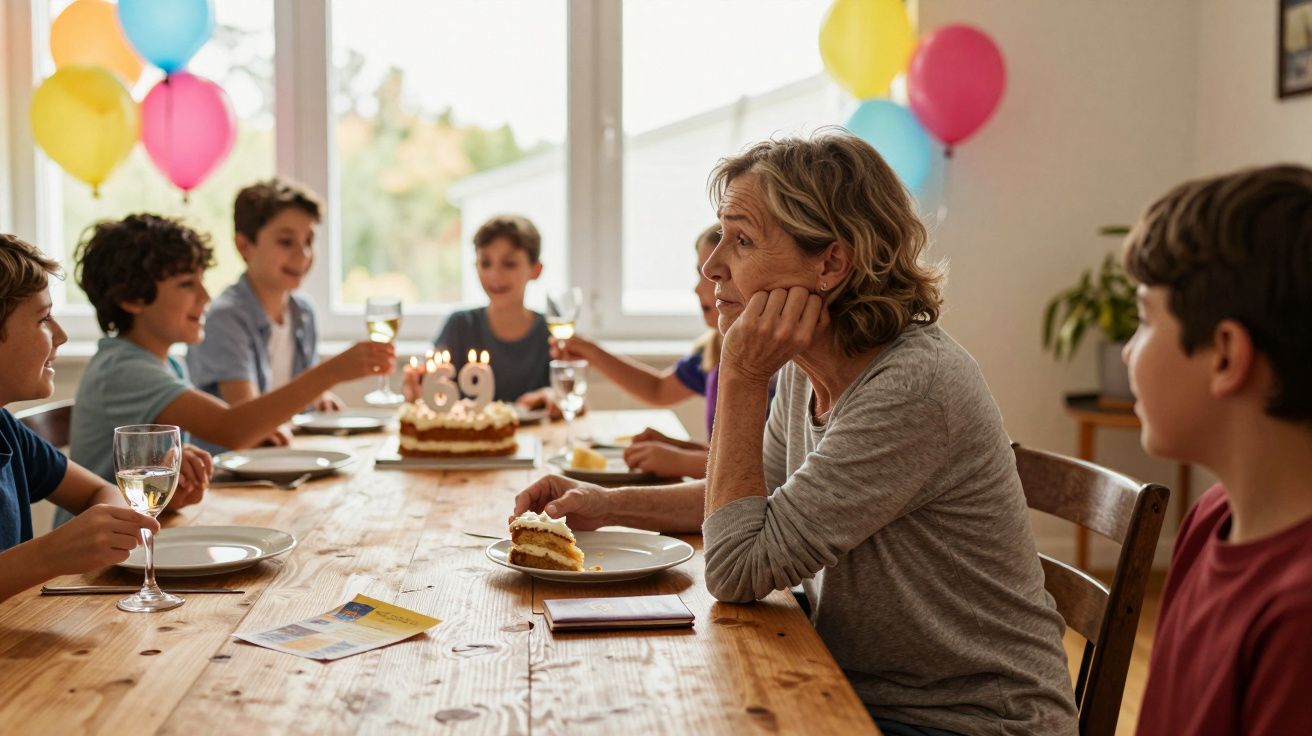 Mulher idosa sentada à mesa de aniversário com bolo, rodeada por crianças animadas comemorando.